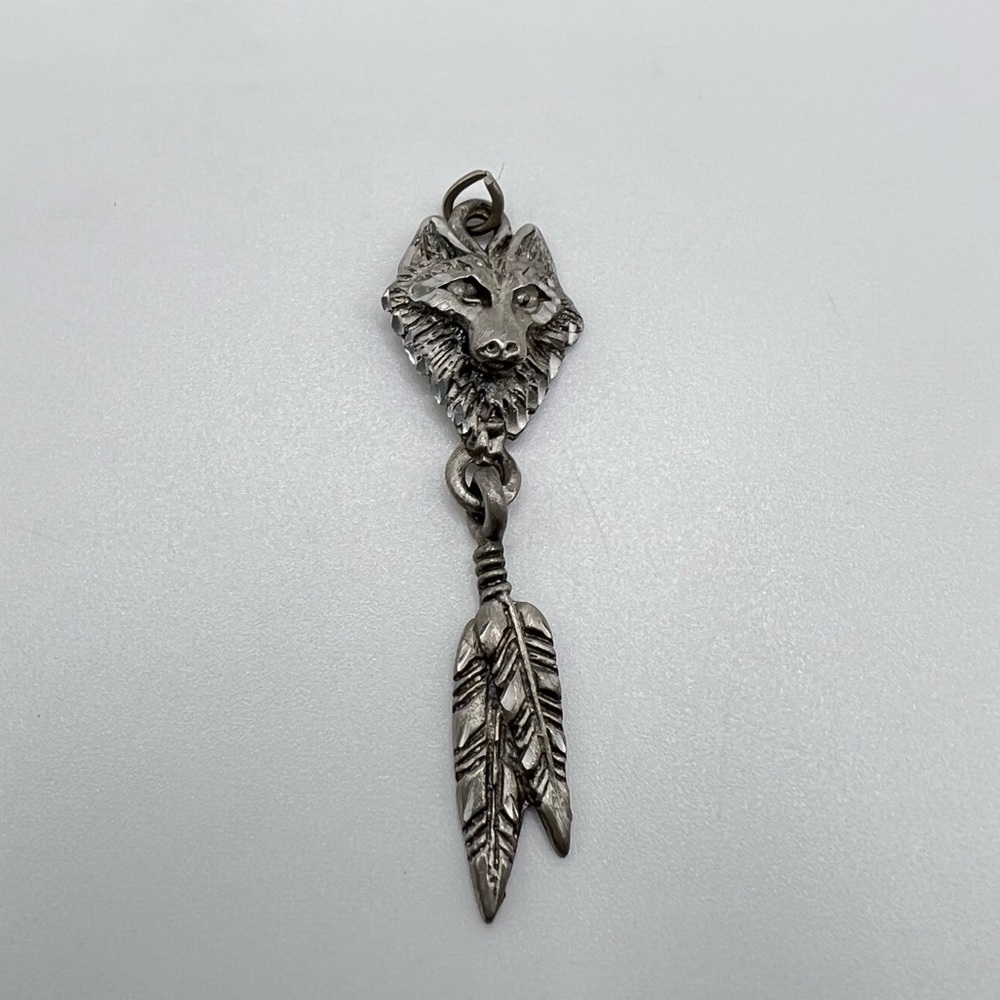 Vintage EJC Pewter Wolf Face Feather Pendant Charm – Boho Tribal Jewelry
